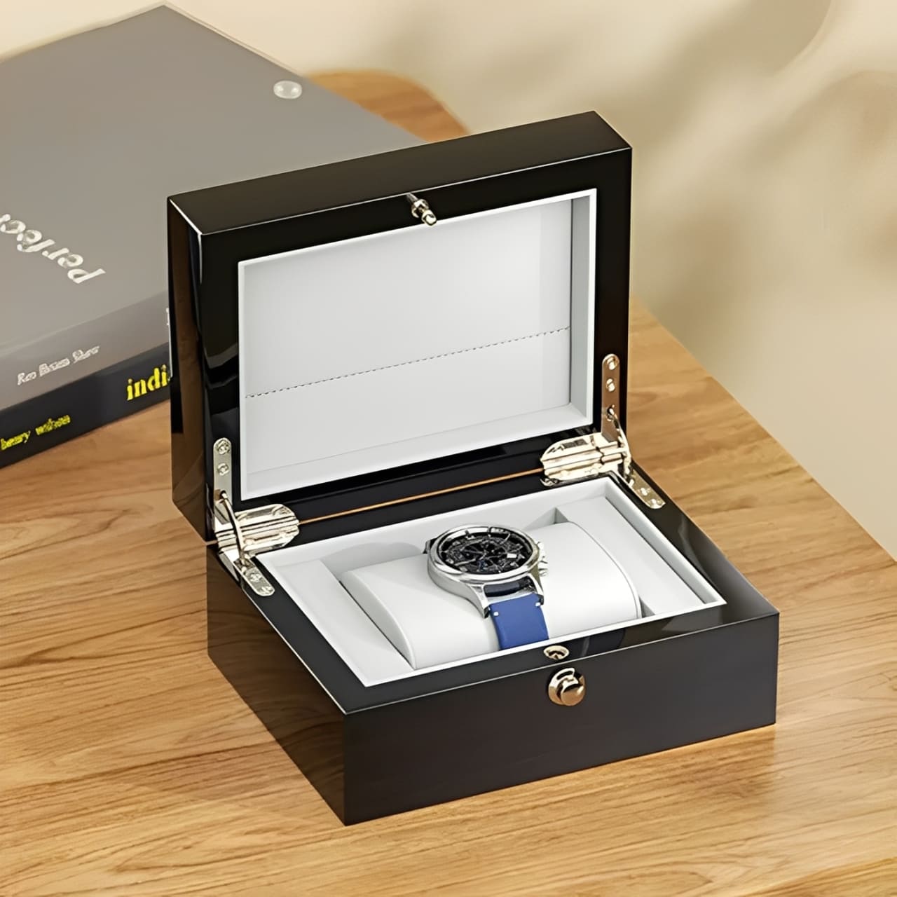 Porta Relogio Masculino Premium de Madeira Verniz Preto 4
