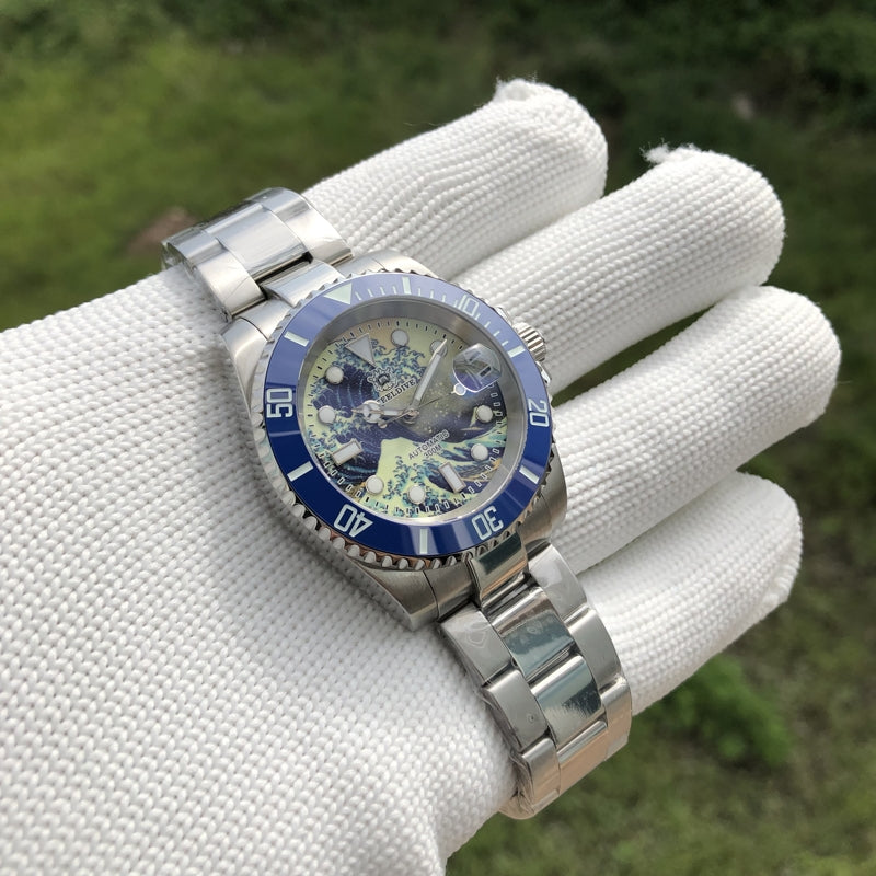Relogio Automatico STEELDIVE Great Wave Sub Diver Watch Blue 4