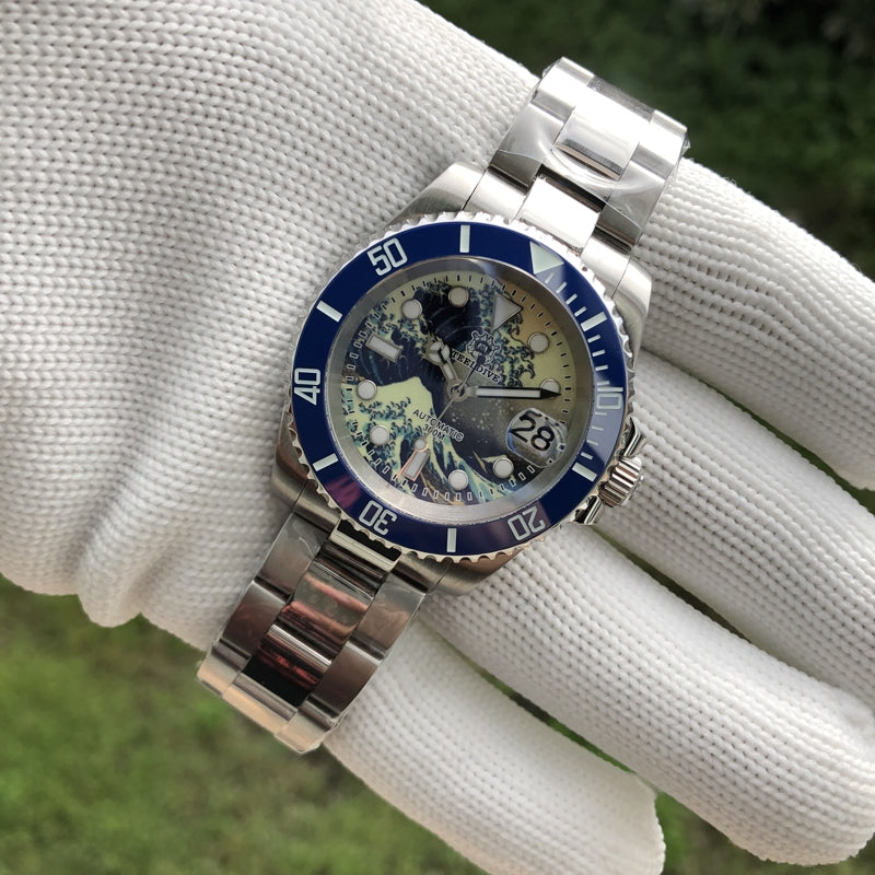Relogio Automatico STEELDIVE Great Wave Sub Diver Watch Blue 5