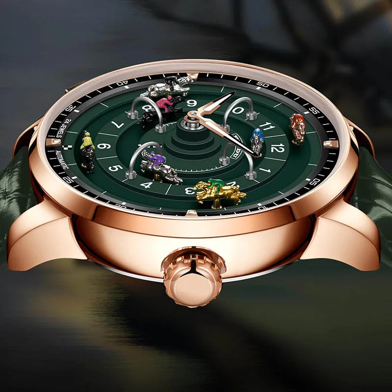 Relogio Masculino Couro Verde Mecanico PINDU Horse Racing  4