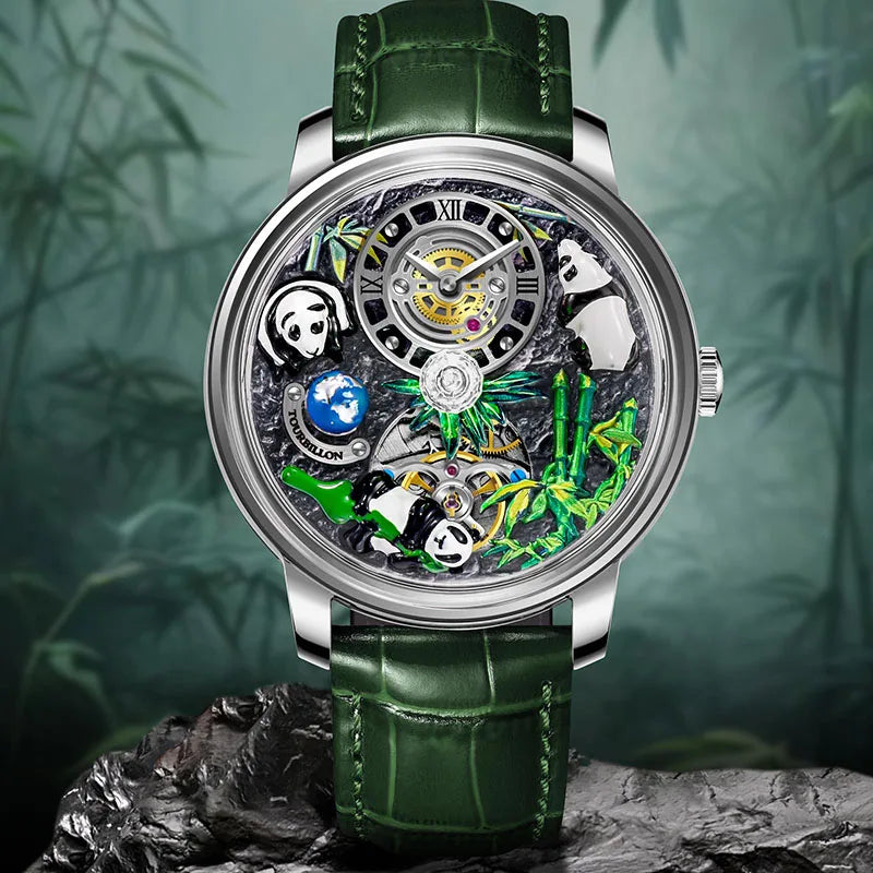 Relogio Masculino Couro Verde Mecanico PINDU Panda 5