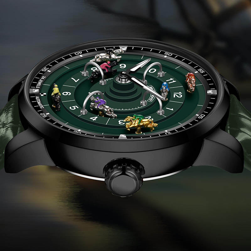 Relogio Masculino Couro Verde Preto Mecanico PINDU Horse Racing 4