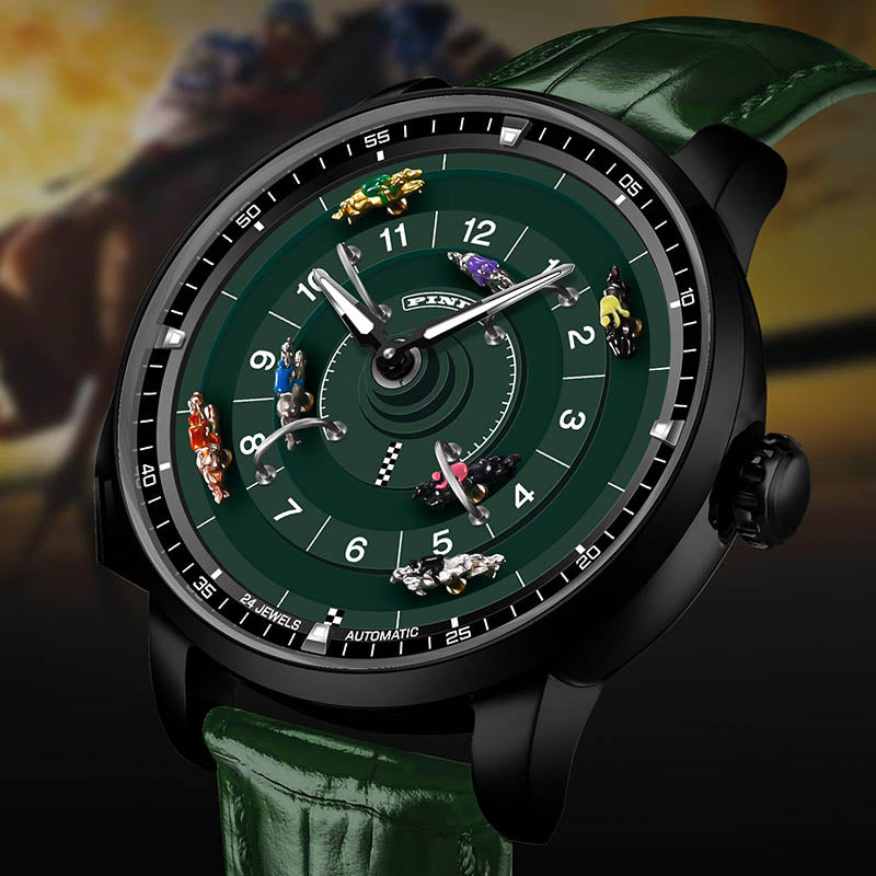 Relogio Masculino Couro Verde Preto Mecanico PINDU Horse Racing 6