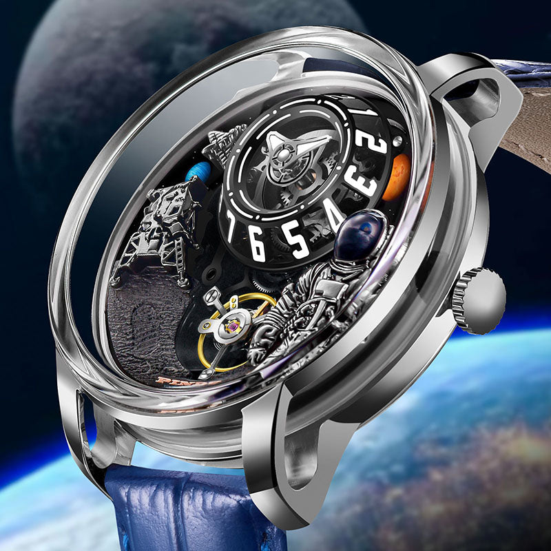 Relogio Masculino Prata Azul Mecanico PINDU Moon Phase 3