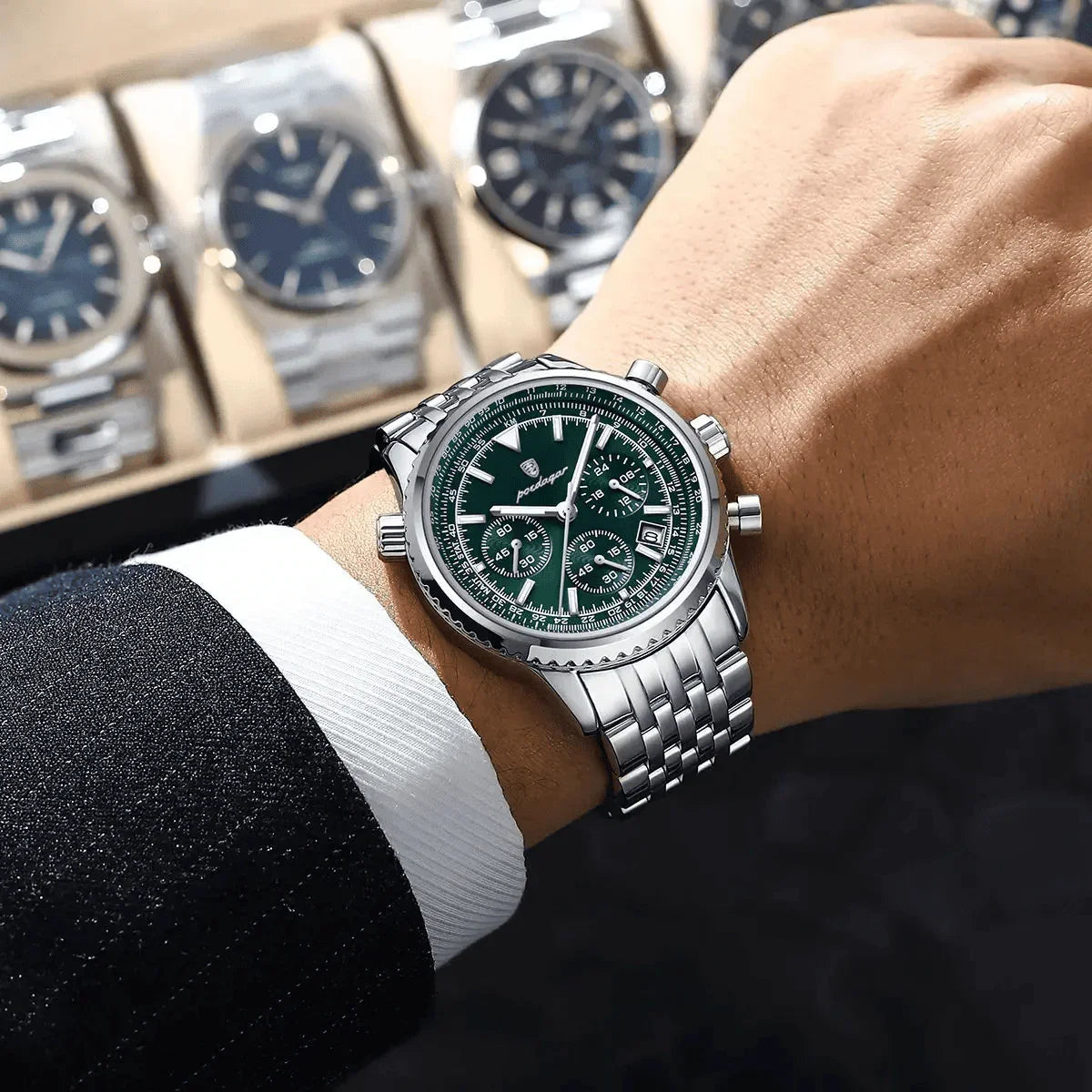 Relogio Masculino Prata Verde Cronografo POEDAGAR 960-3 4