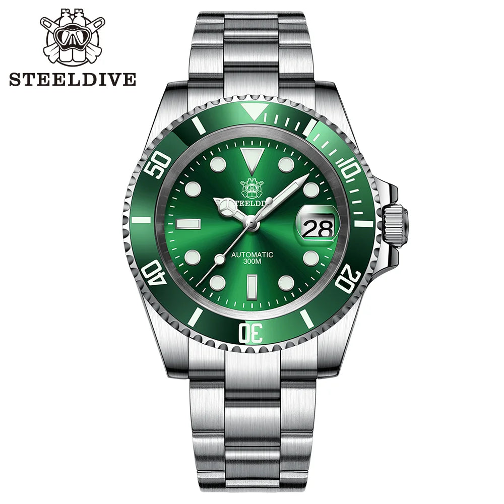 Relogio Masculino Prata Verde Mecanico STEELDIVE Submariner 1