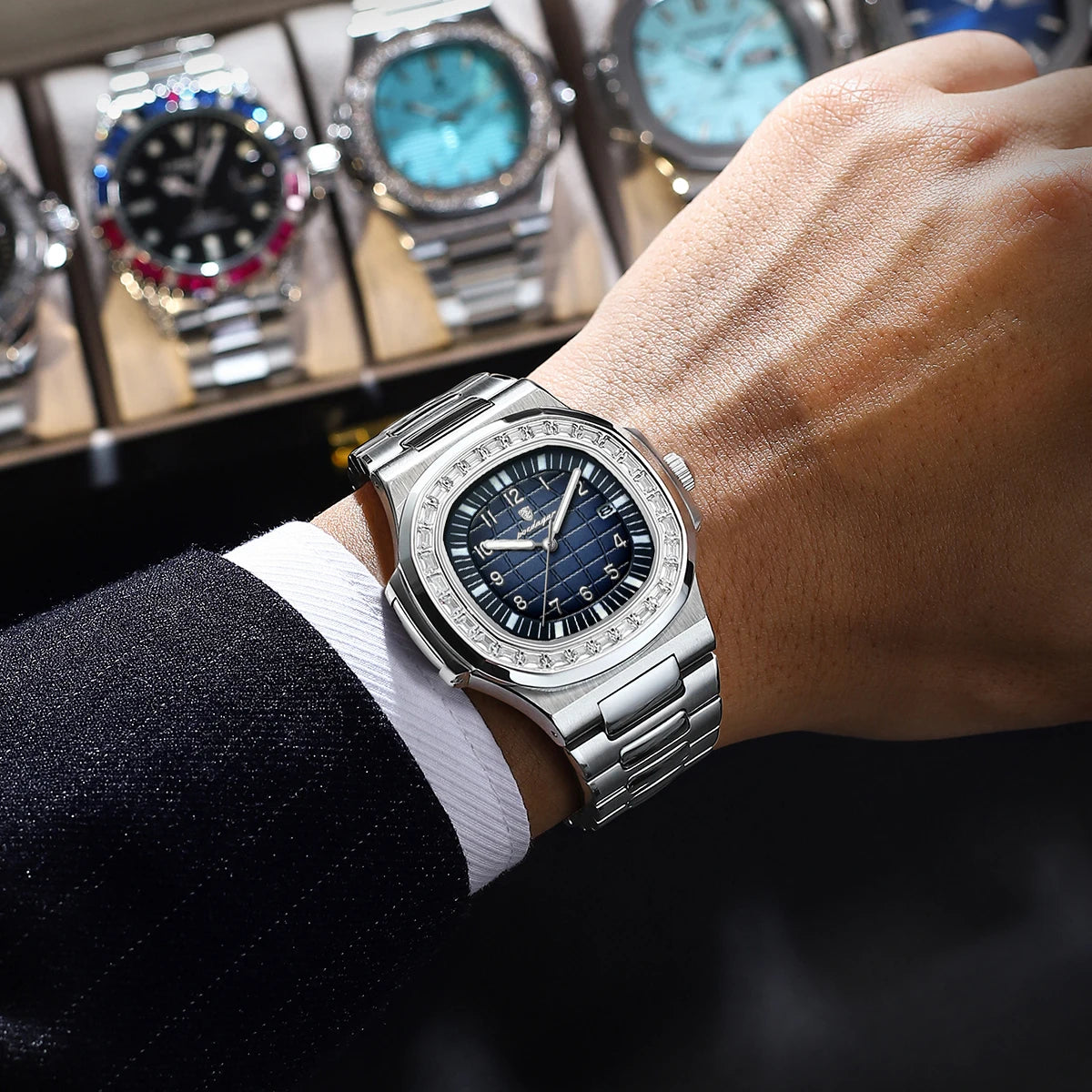 Relogio Masculino Prateado Azul Quartz POEDAGAR Diamond 3
