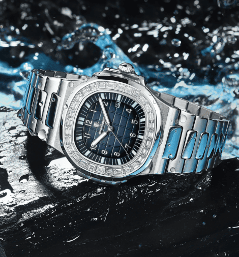 Relogio Masculino Prateado Azul Quartz POEDAGAR Diamond 4