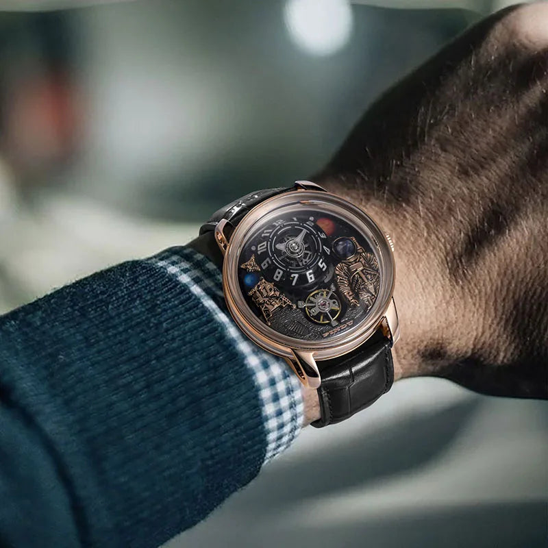Relogio Masculino Preto Dourado Mecanico PINDU Moon Phase 6