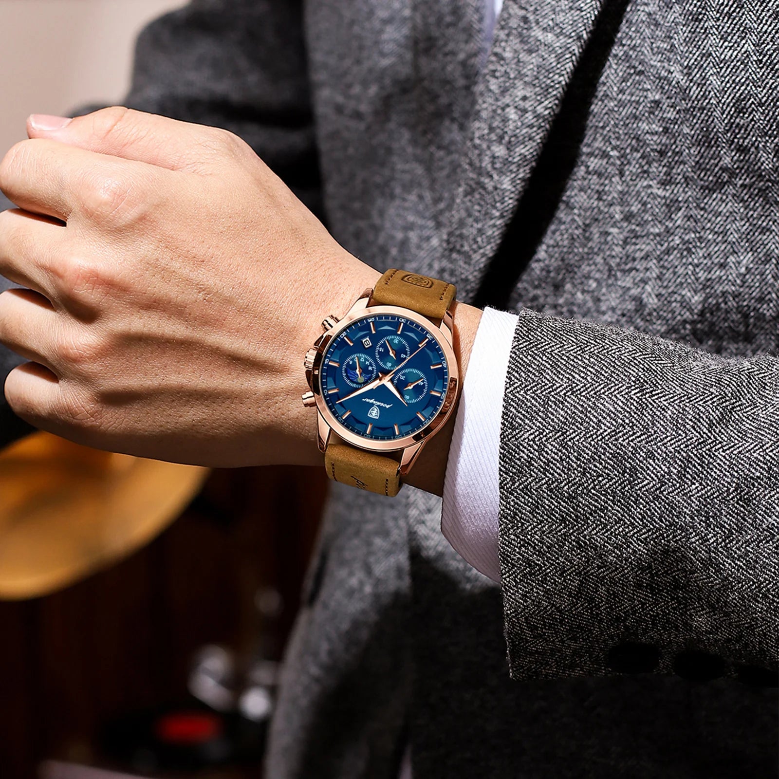 Relogio Masculino Pulseira de Couro Azul Quartz POEDAGAR 988 2