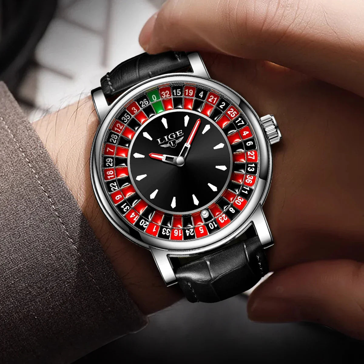Relogio Masculino Pulseira de Couro Prata Quartz LIGE Casino 2