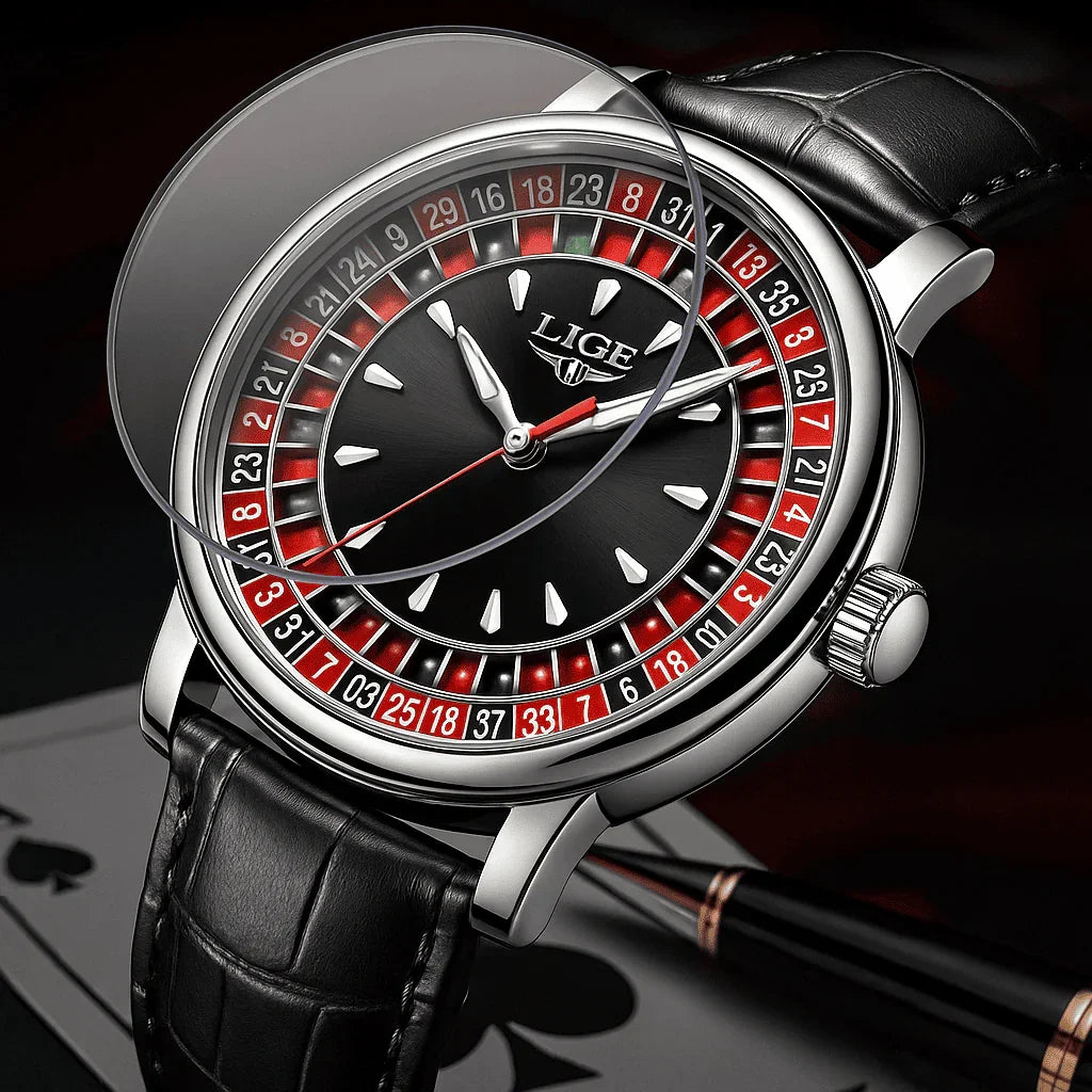 Relogio Masculino Pulseira de Couro Prata Quartz LIGE Casino 4