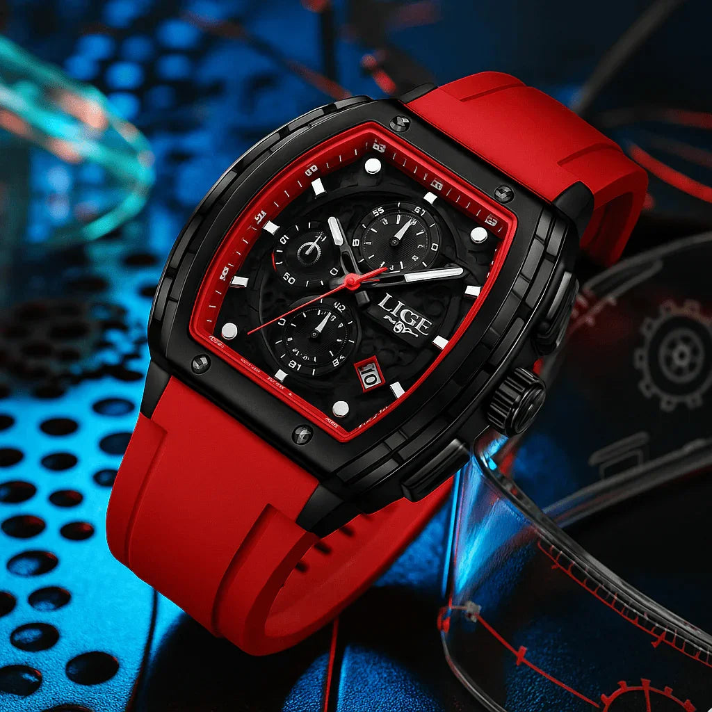 Relogio Masculino Vermelho Cronografo LIGE Tonneau 5