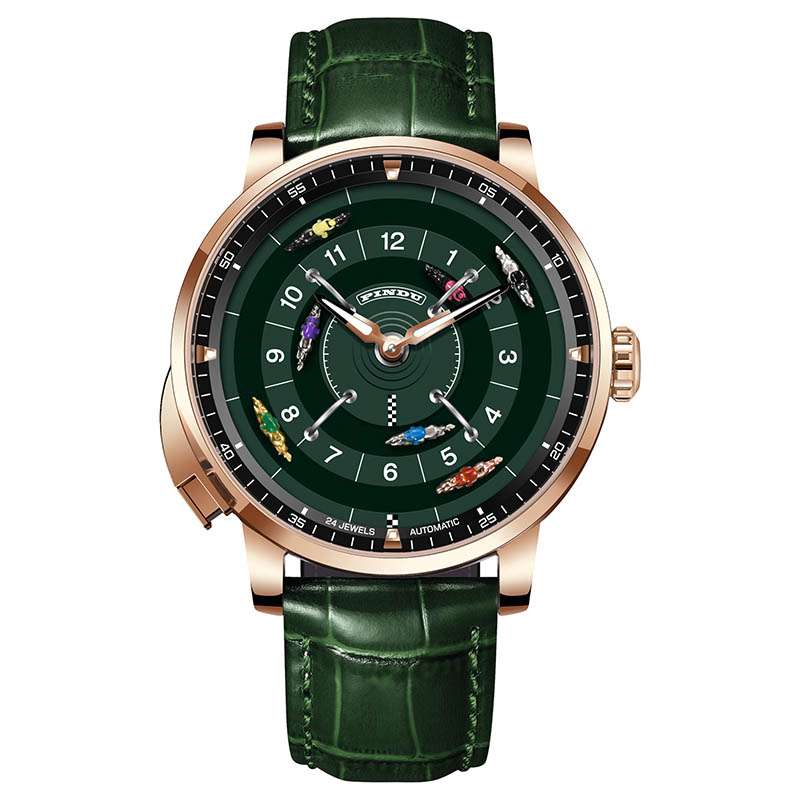Relogio Mecanico Masculino Horse Racing Green Gold frente