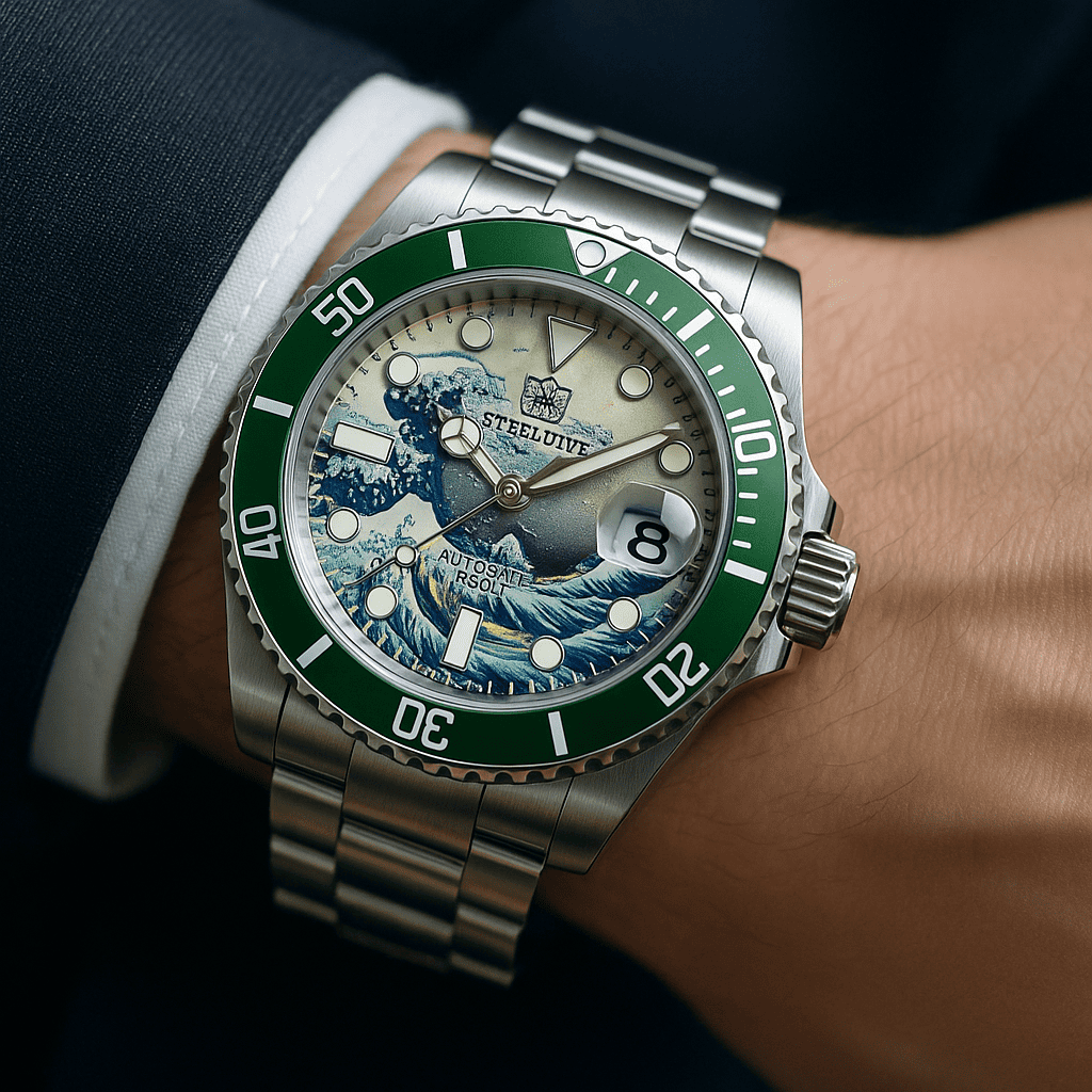 Relógio Automático STEELDIVE Great Wave Sub Diver Watch Green