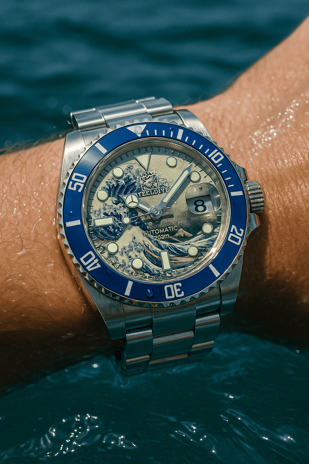 Relógio Automático STEELDIVE Great Wave Sub Diver Watch Blue