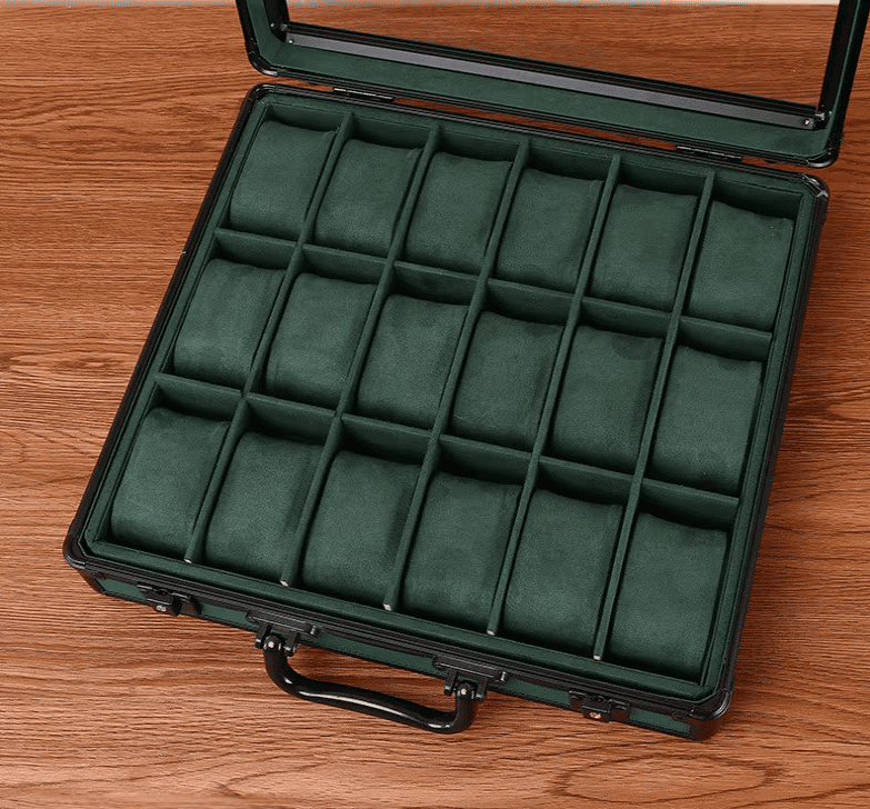 Maleta Porta Relogios Luxo em Liga Metalica Verde Veludo 5