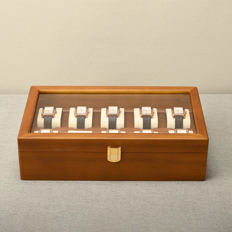 Porta Relogio Feminino em Madeira com Tampa de Vidro 3