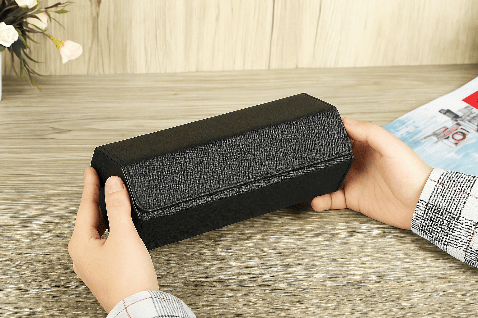 Porta Relogios Masculino de Couro Genuino Preto 6