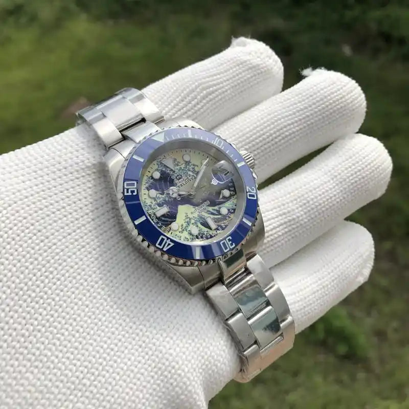 Relogio Automatico Great Wave Silver Blue de frente 4