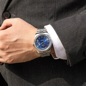 Relogio Automatico Maculino Silver Blue Day-Date no pulso 2