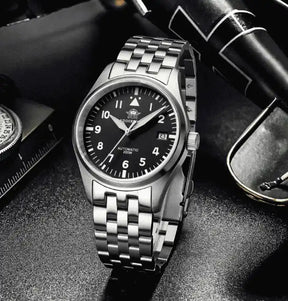 Relogio Automatico Masculino Flieger Silver Black Frente 2