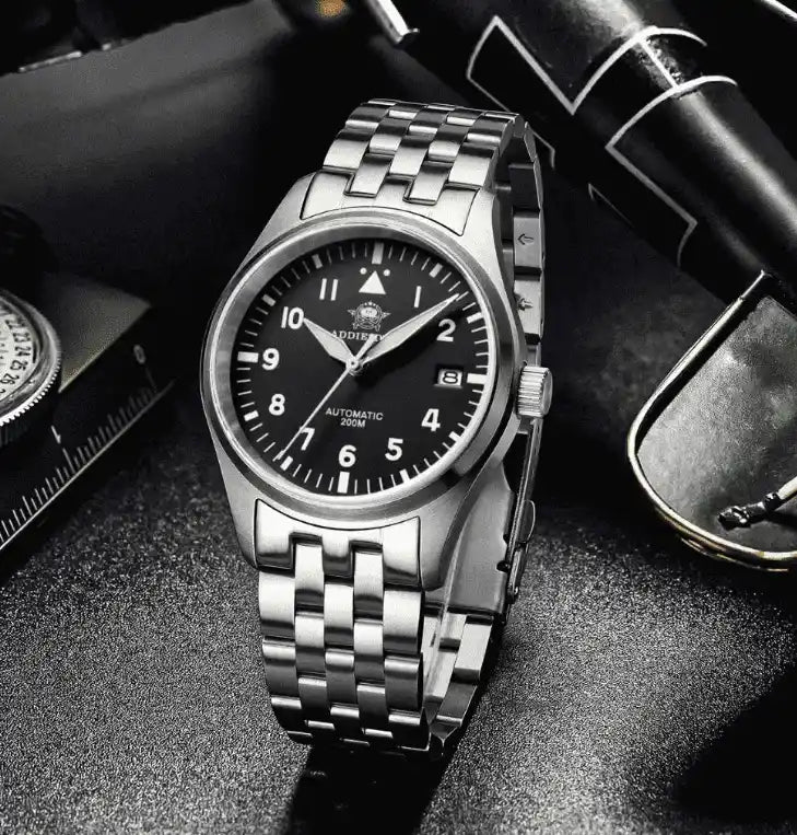 Relogio Automatico Masculino Flieger Silver Black Frente 2