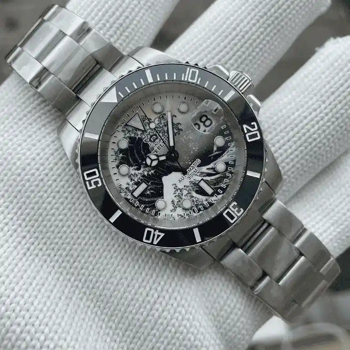 Relogio Automatico Masculino Great Wave Silver Black no pulso 4