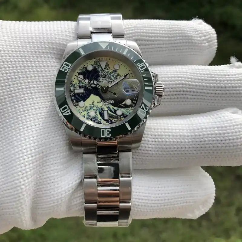 Relogio Automatico Masculino Great Wave Silver Green de frente 2