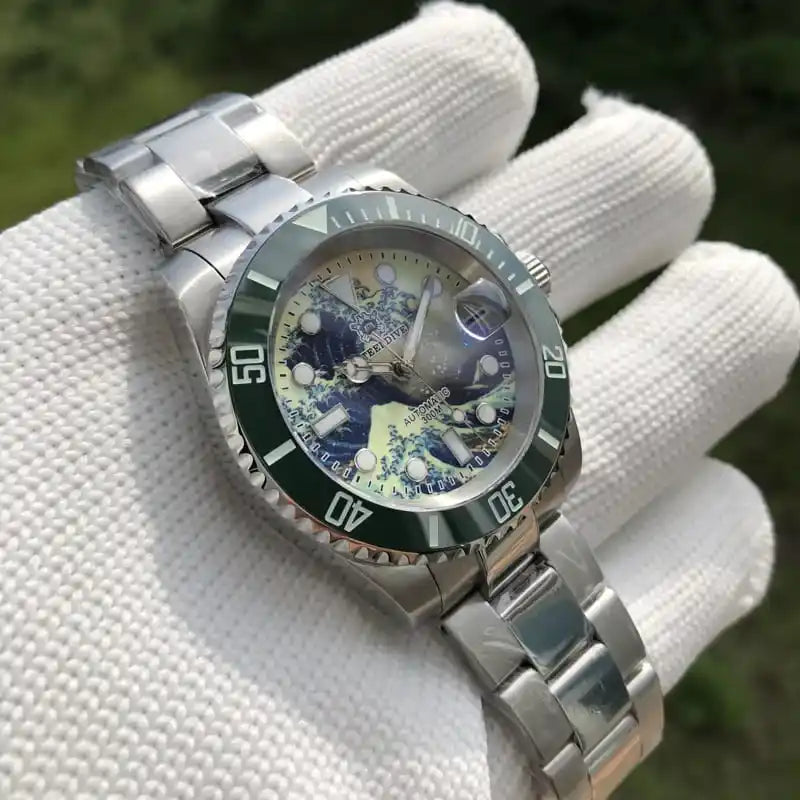 Relogio Automatico Masculino Great Wave Silver Green de frente