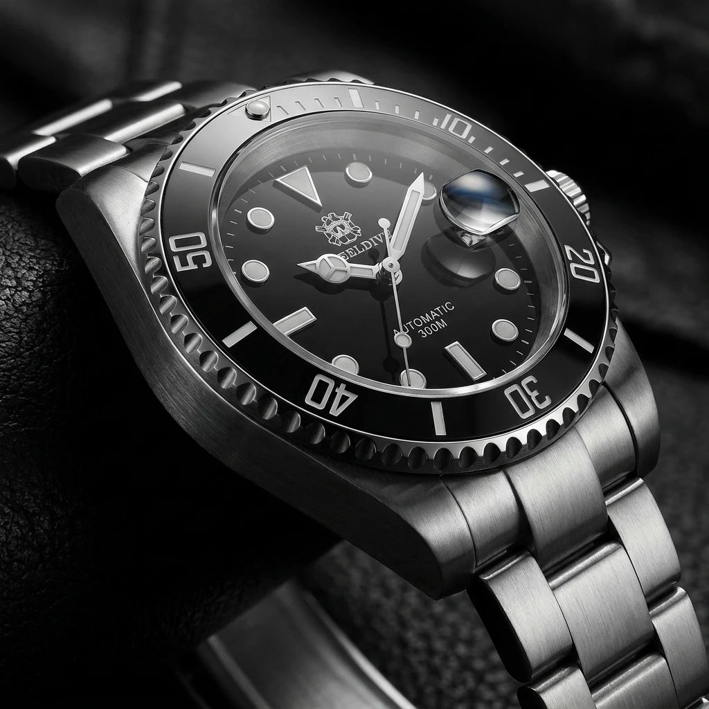 Relogio Automatico Masculino Silver Black Submariner de lado 4