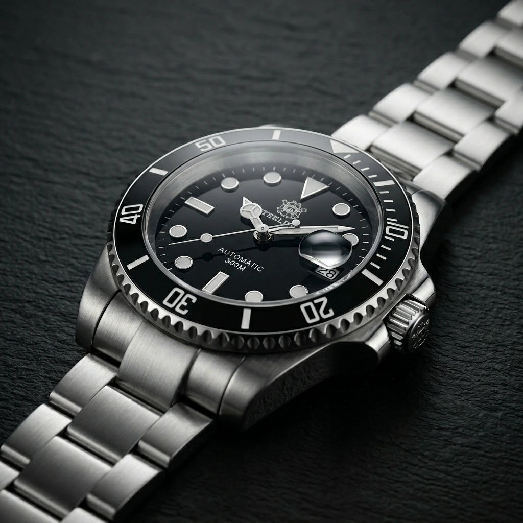Relogio Automatico Masculino Silver Black Submariner frente 10