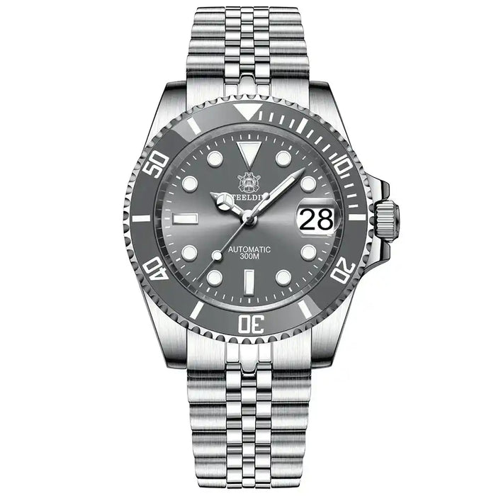 Relógio Automático Submariner Silver de frente com mostrador cinza-prata e vidro de safira
