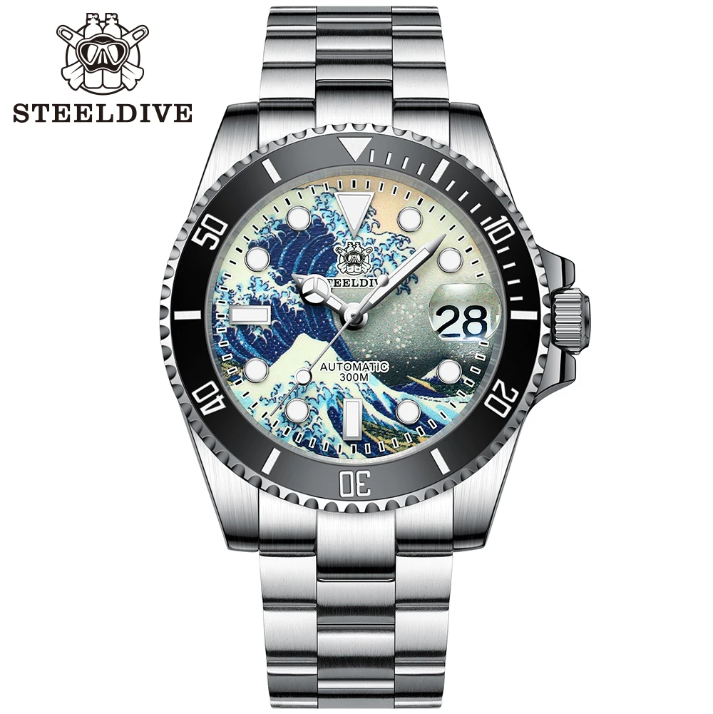 Relogio Automatico STEELDIVE Great Wave Sub Diver Watch Black 1