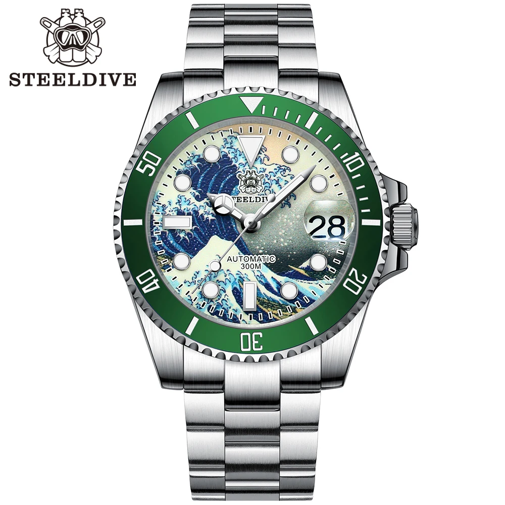 Relogio Automatico STEELDIVE Great Wave Sub Diver Watch Green 1