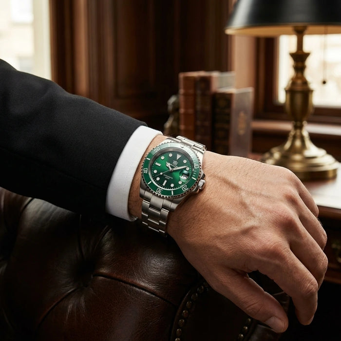 Relógio Automático Submariner Green no pulso em uso masculino