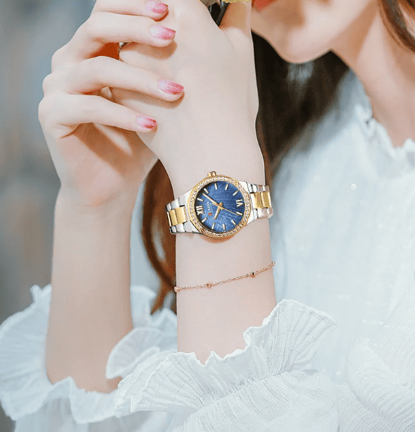 Relogio Feminino Dourado Azul Quartzo 9103 2