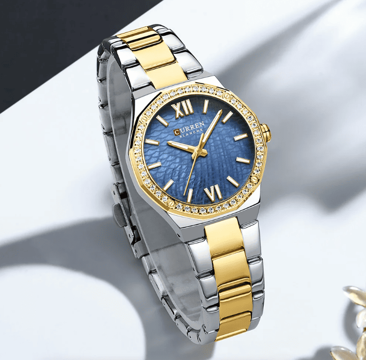 Relogio Feminino Dourado Azul Quartzo 9103 3