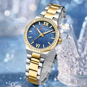 Relogio Feminino Dourado Azul Quartzo 9103 5