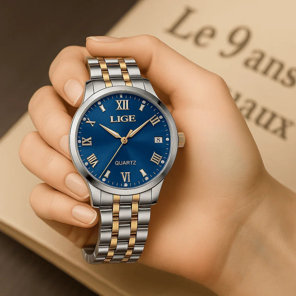 Relogio Feminino Dourado Azul Quartzo LIGE 89157 4