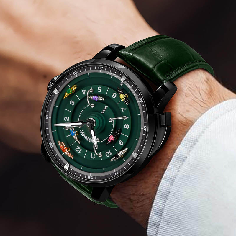 Relogio Masculino Couro Verde Preto Mecanico PINDU Horse Racing 2