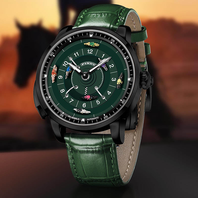Relogio Masculino Couro Verde Preto Mecanico PINDU Horse Racing 7