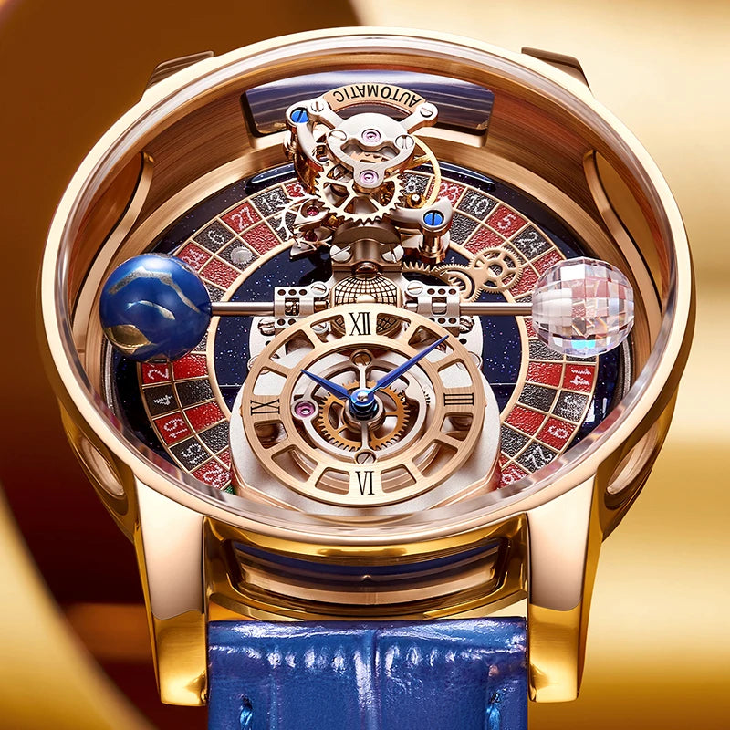 Relogio Masculino Dourado Azul Mecanico PINDU Celestial 3