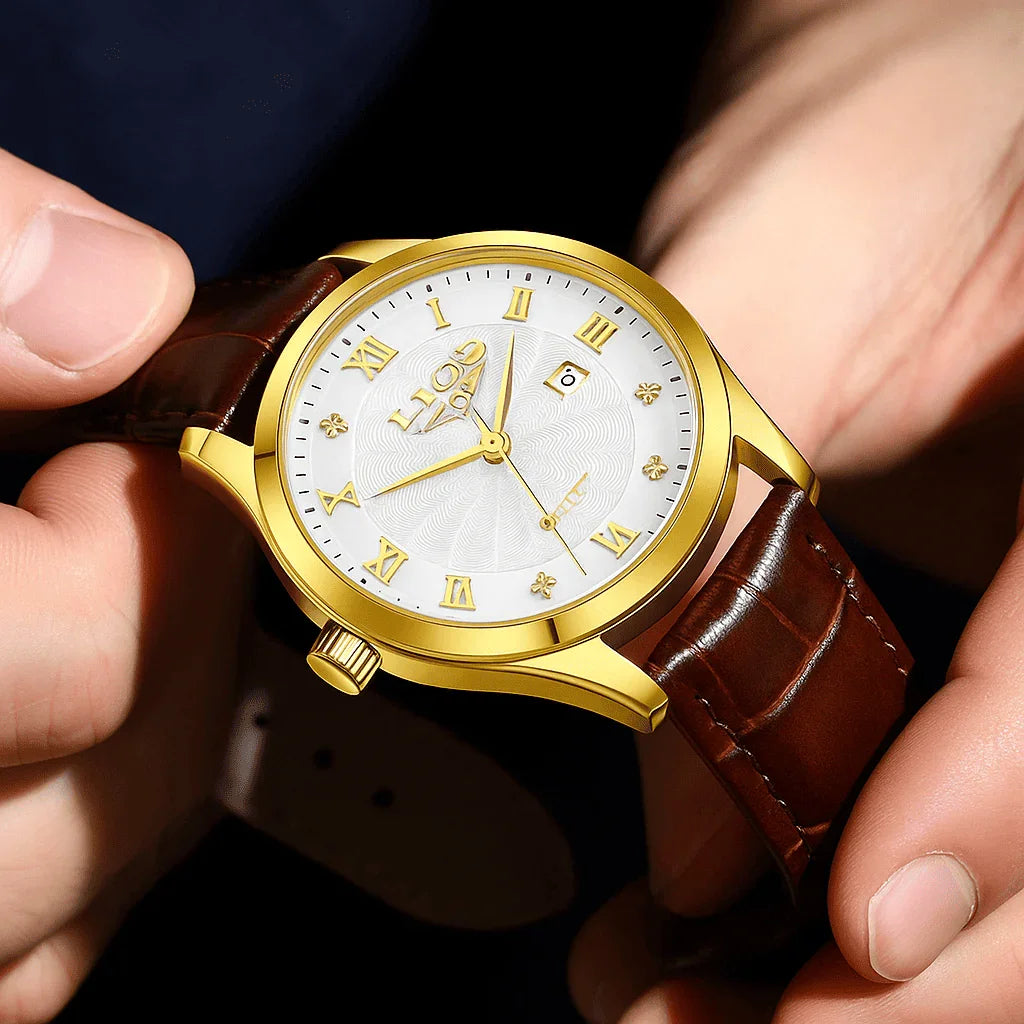 Relogio Masculino Dourado Branco Quartz LIGE 89141 4