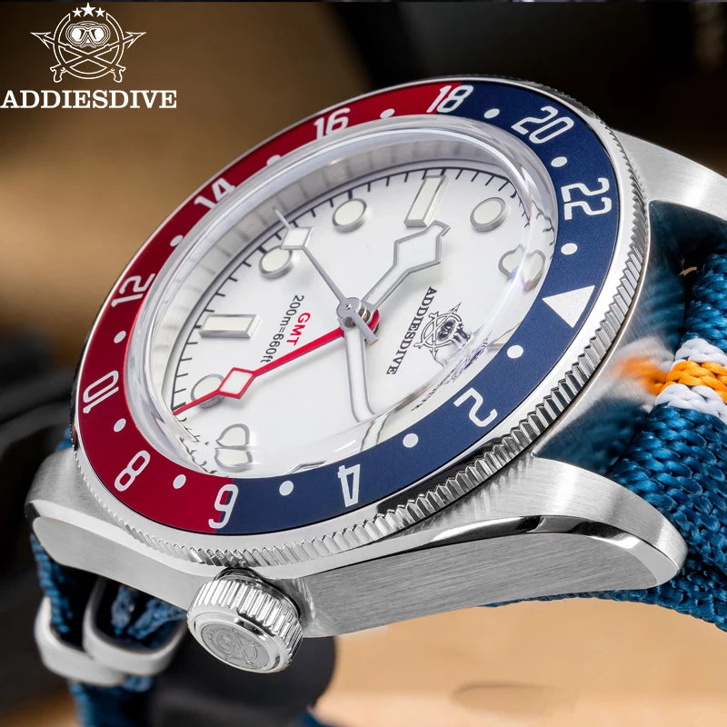Relogio Masculino Nailon Branco Quartzo ADDIESDIVE Pepsi GMT 5