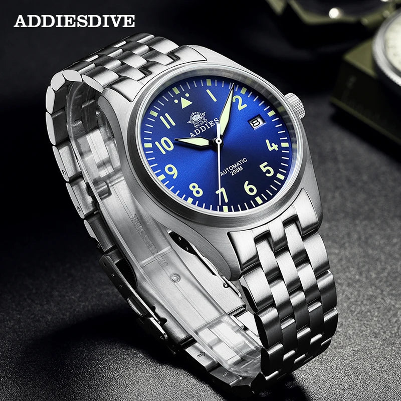 Relogio Masculino Prata Azul Automatico ADDIESDIVE Flieger 3