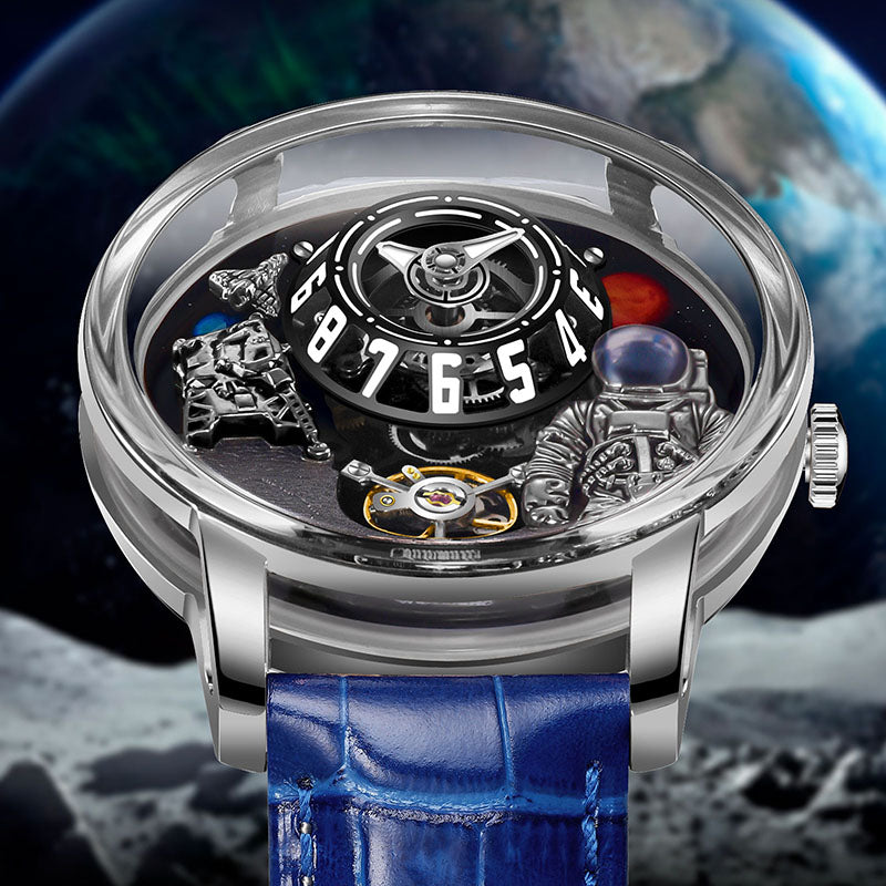 Relogio Masculino Prata Azul Mecanico Moon Phase 6