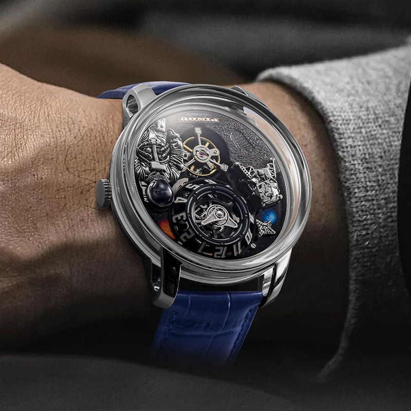 Relogio Masculino Prata Azul Mecanico PINDU Moon Phase 2