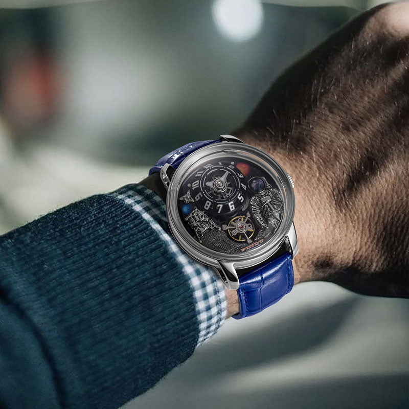 Relogio Masculino Prata Azul Mecanico PINDU Moon Phase 4