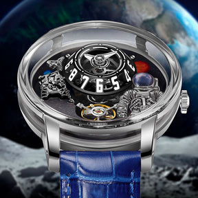 Relogio Masculino Prata Azul Mecanico PINDU Moon Phase 6